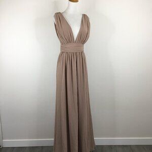 LULU'S Taupe/Stone Low V Neck & Back Chiffon Lined Slit Hem Gown Dress